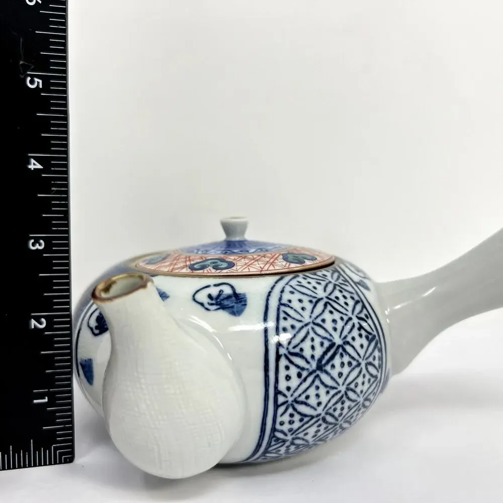 Japanese Blue White Kyusu Single Handle Teapot Geometric Art Asian Elegant Rare